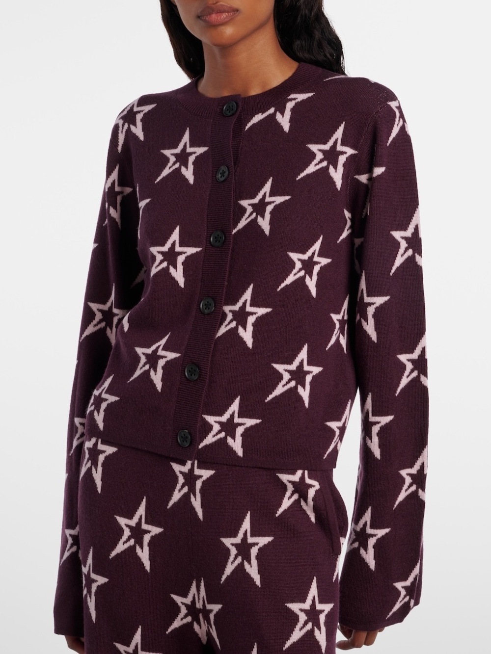 Perfect Moment Chalet star printed wool cardigan in burgundy